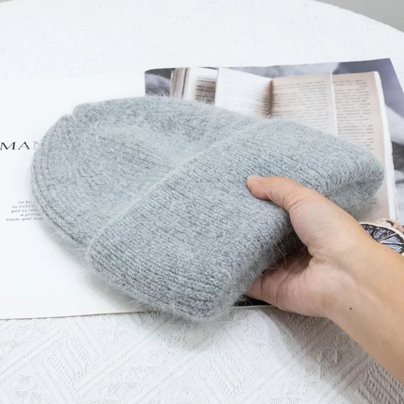 maoxiangshop 21colors Autumn Angola Rabbit Fur Knitted Beanies Winter Skullies Women's Hat Fashion Solid Warm Cashmere Wool Three Fold Thick