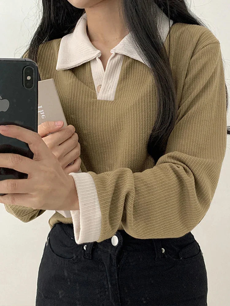 maoxiangshop Casual Women T-shirts Korean Fashion Sweet Preppy Style Tops Female Autumn Long Sleeve Turn Down Collar Basic Pullovers Tees