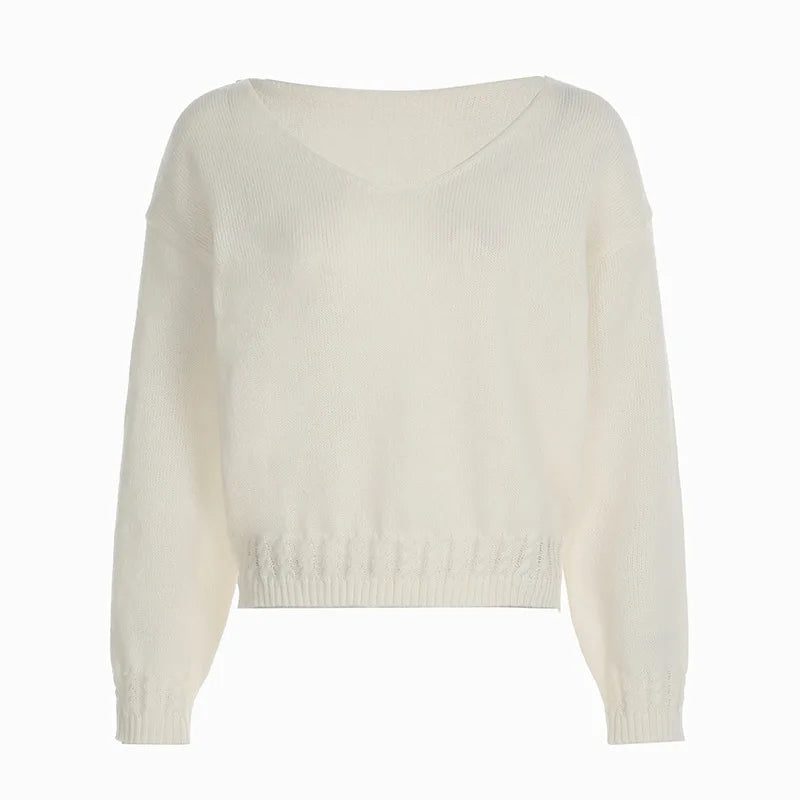 V-neck Off Shoulder Sweater Women Autumn Winter White Basic Casual Long Sleeve Loose Sweater Cozy Knitted Pullover