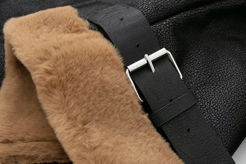 maoxiangshop - Loose Moto Biker Winter Shearling Sheepskin Leather Jackets Streetwear Thicken Parka Faux Leather Lamb Fur Outwear