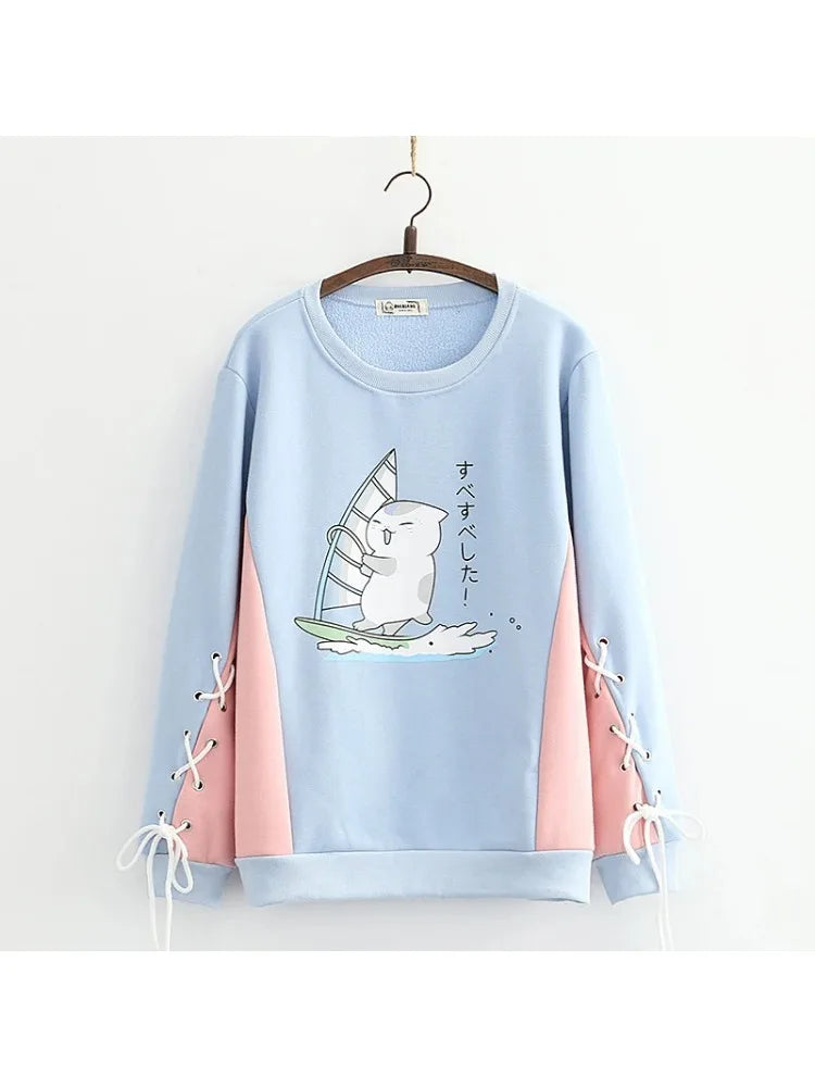 Fleece Plus Velvet Hoodies Sweatshirts For Teen Girls Cartoon Print O-neck Winter Thick Cute Pullover Tracksuits