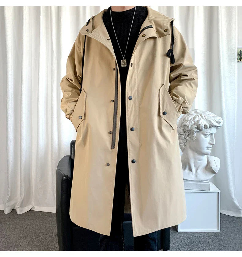 maoxiangshop New Autumn Men's Jacket Trench Coats Pie Over Solid Color Hooded Men's Fashion Handsome Leisure Long Jacket Trench Coats