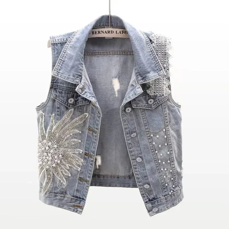 maoxiangshop Fashion Lace Beaded Denim Vest Women Cardigan 2024 New Spring Sleeveless Jacket Fashion Loose Vintage Jeans Waistcoat Tide