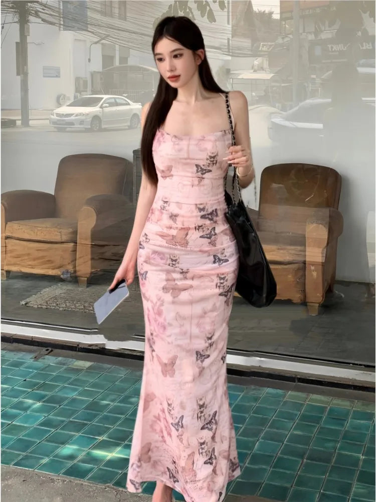maoxiangshop Sexy Bodycon Backless Bandage Long Dresses for Women Summer Elegant Printed Spaghetti Strap Lace-up Party Dress Prom Vestidos