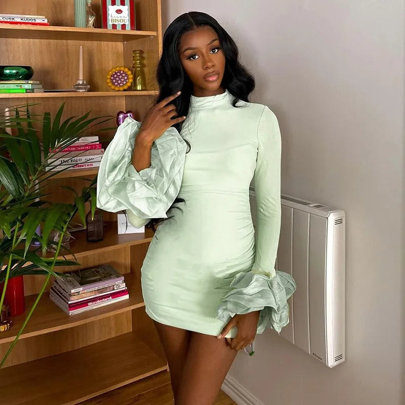 maoxiangshop - Fashion Bodycon Flare Sleeve Mini Dress For Women Flower Splice Turtleneck Sexy Ruched High Waist Club Party Dress Autumn