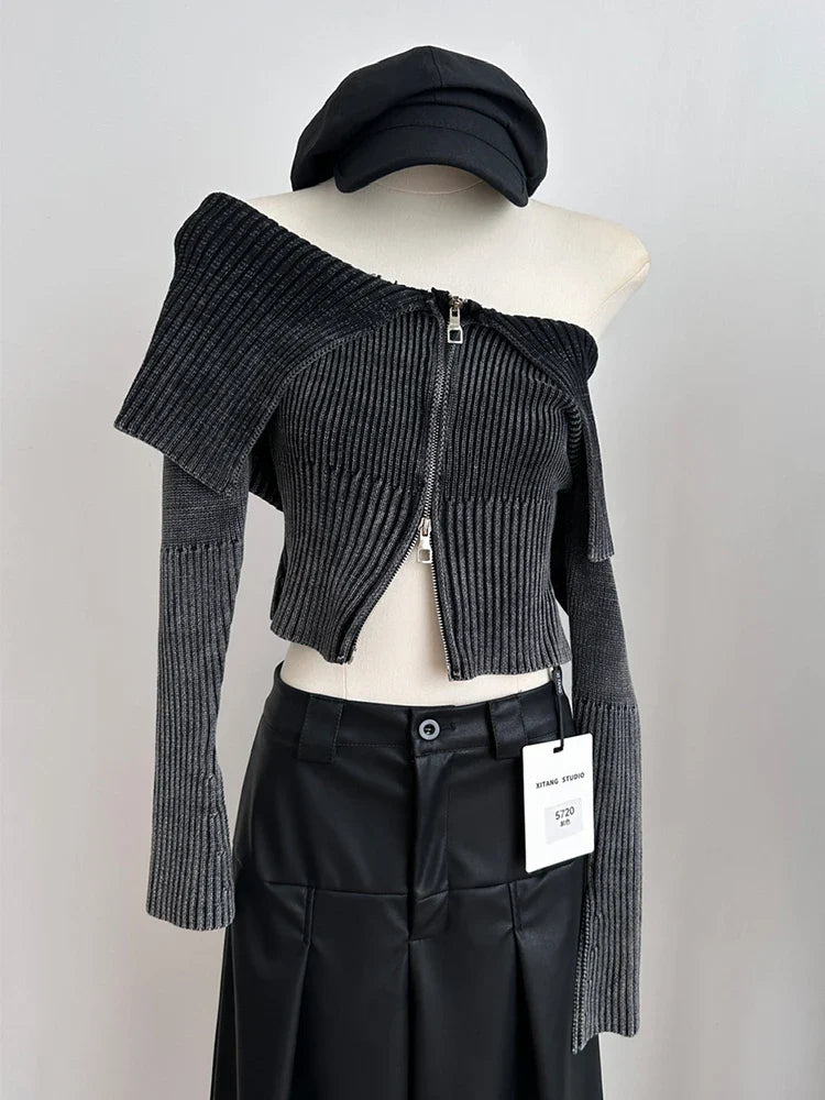 Autumn Winter Woman 90s Vintage Gyaru Slash Neck Cardigan Full Zip Sweater Knitwears Long Sleeve Design Crop Tops Y2k Streetwear