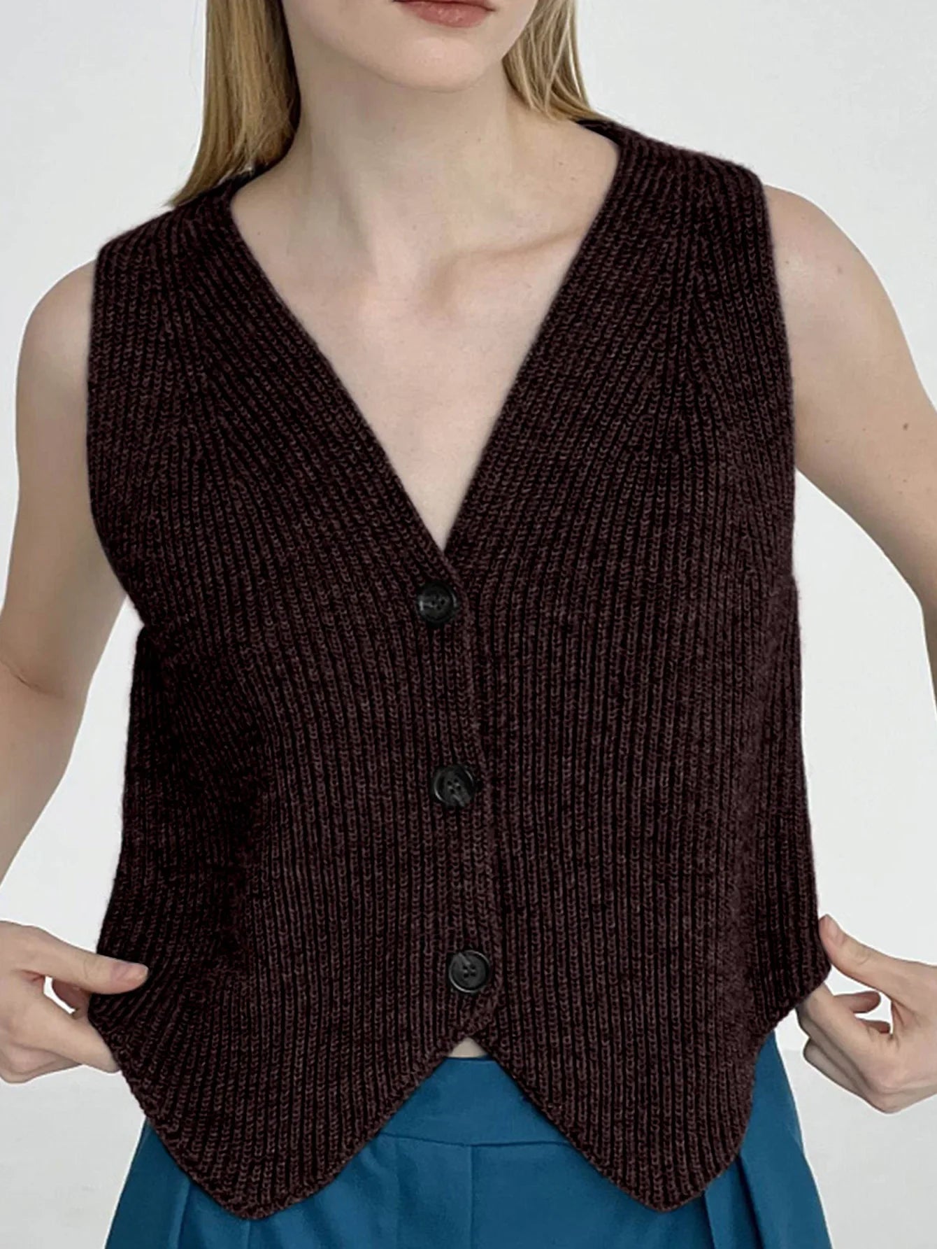 maoxiangshop - Basic Knitwear Sweater Vest Grey Sleeveless Button Up V-neck Jumpers Office Ladies England Style Autumn Winter Tops Chic
