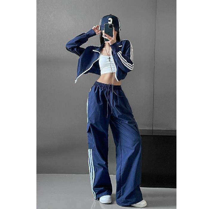 maoxiangshopHigh Waist Drawstring Cargo Pant Wide Leg Joggers Trousers Striped Harajuku Baggy Parachute Pants Sweatpants Women Clothes Y2k