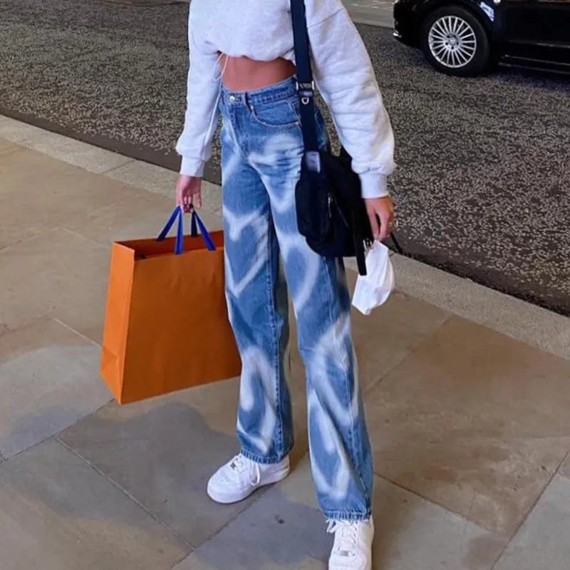 maoxiangshopBrown Baggy Girl Jeans Women Heart Print New Aesthetic Vintage 90s Streetwear Denim Trousers Low Waist Straight Pants