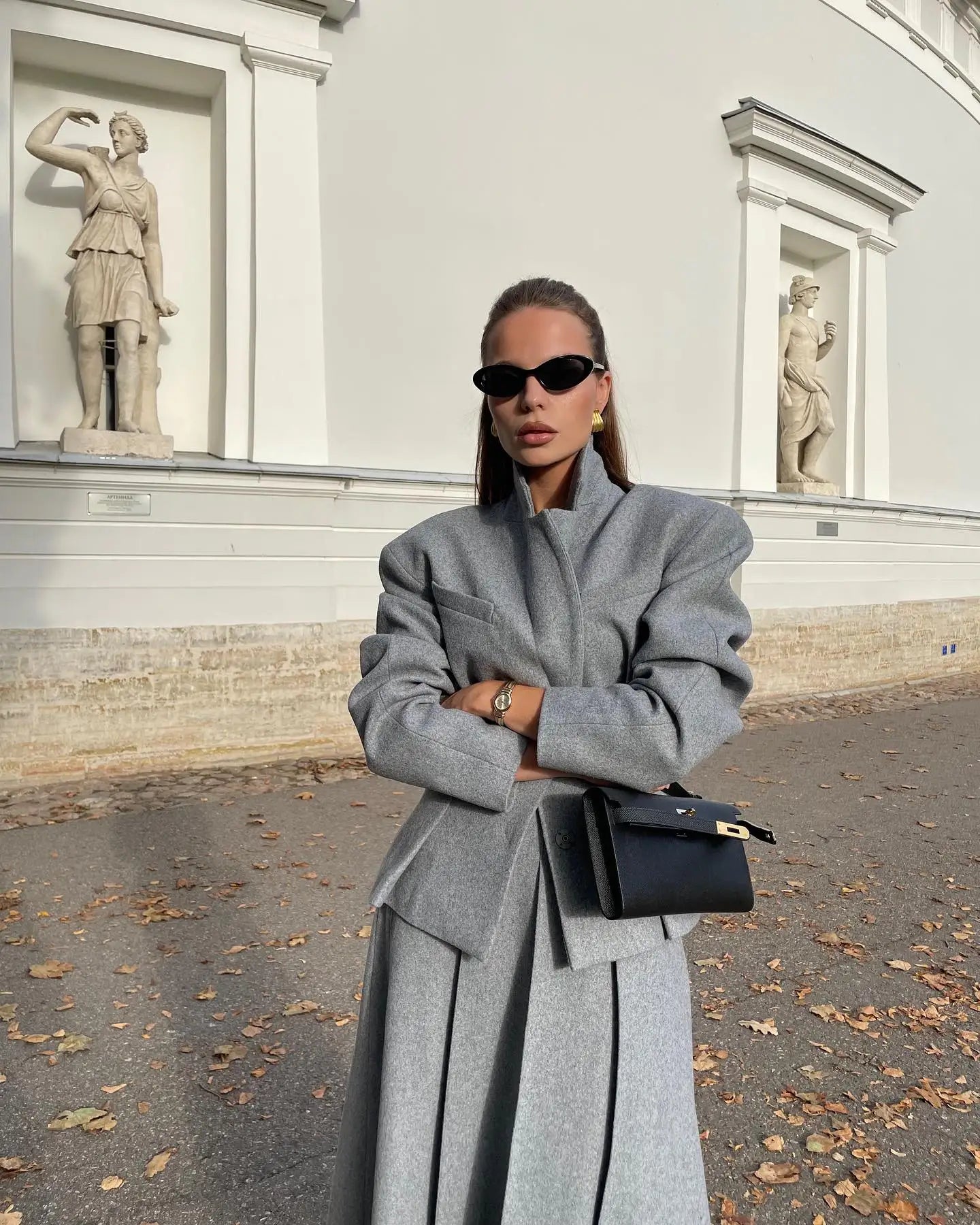 maoxiangshop - 2024 Autumn New Grey Pleated Skirt Set For Women Solid Lapel Collar Blazers High Waist Skirts 2 Pieces Set Lady Party Club Suit
