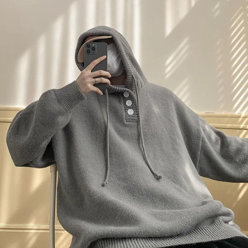 maoxiangshop Men Hooded Sweater Spring and Autumn Seasons Japanese Vintage Lazy Coat Male Wearing Hat Knit Casual Fashion Loose Sweater Top