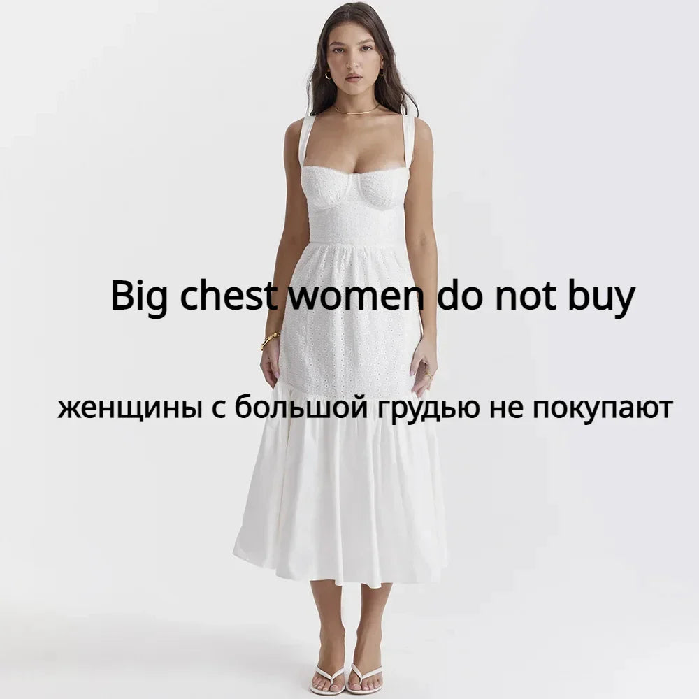 White Women's Summer Dress Linen-cotton Blend Jacquard Dress Elegant Sexy Midi Vacation Holiday Dress
