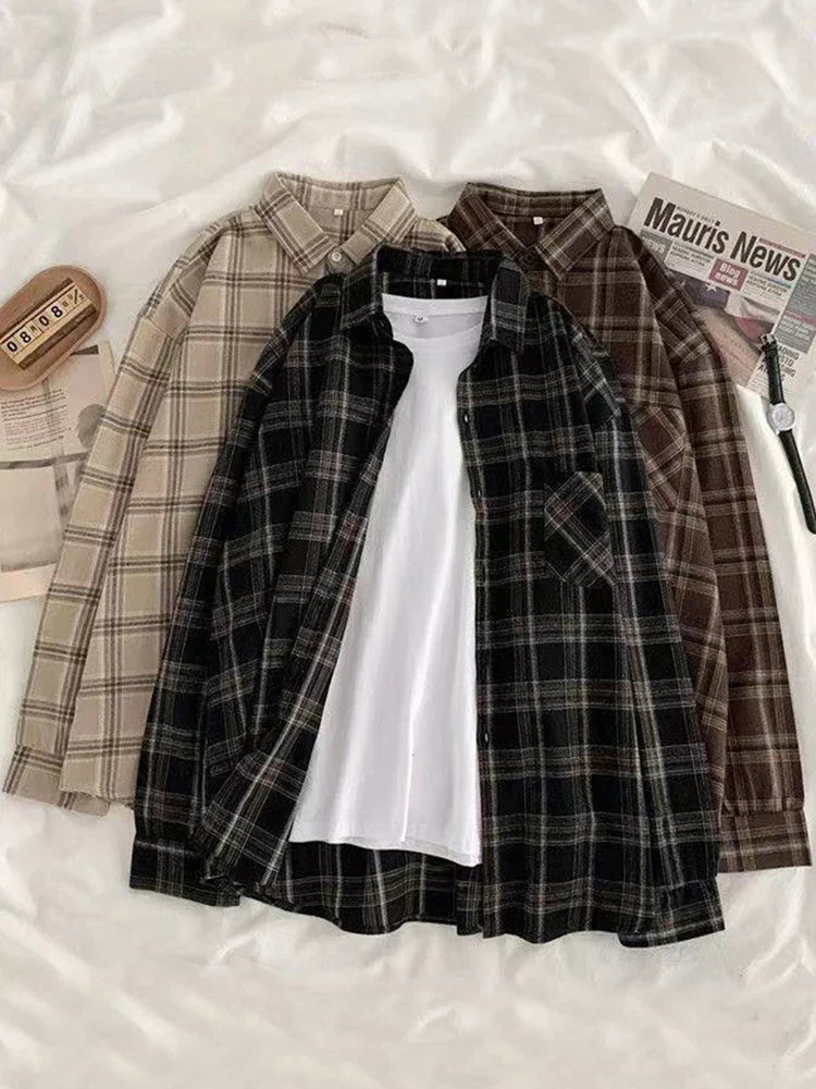 maoxiangshop Vintage Women Plaid Shirts Autumn Long Sleeve Oversize Button Up Tops Korean Loose Casual Fall Outwear Femme Shirts