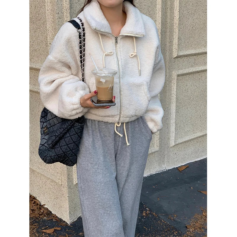 maoxiangshop - Cropped Lamb Wool Coat Women Streetwear Stand Zipper Short Jacket Winter Korean Solid Simple Warm Casual All Match Outerwear New