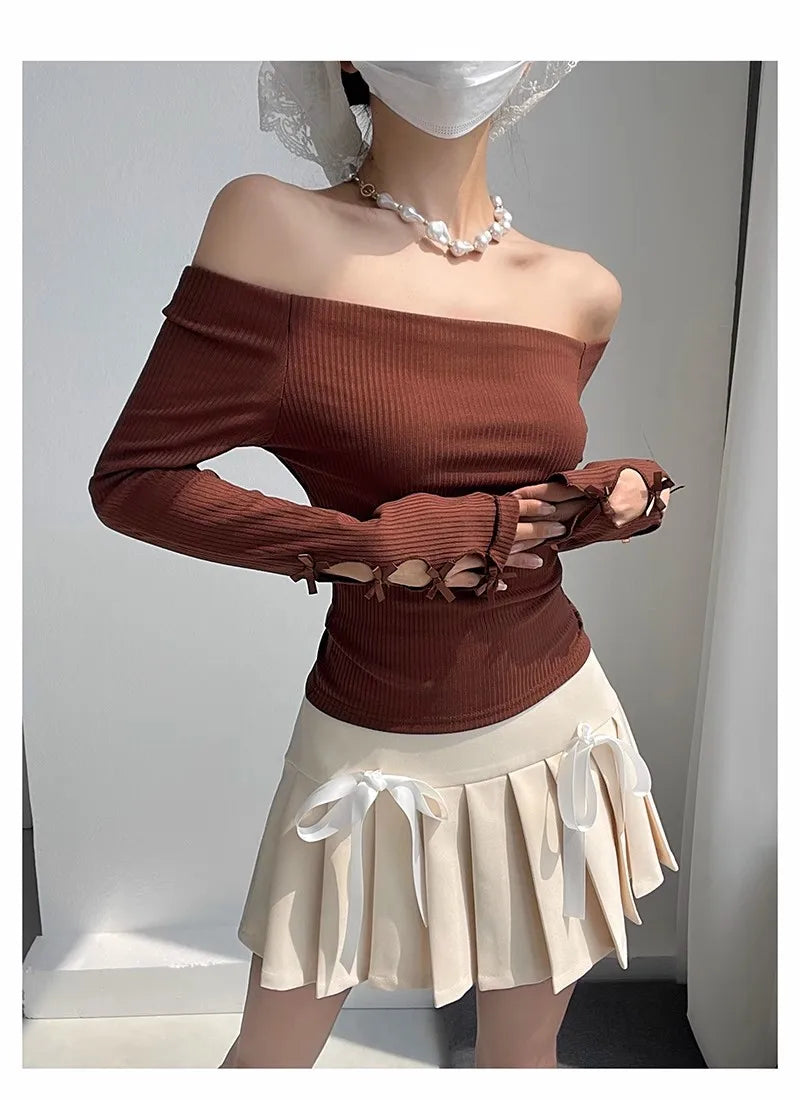 maoxiangshop - 2024 New Autumn Women Y2K T-Shirts Shoulder Streetwear Fairycore Hip Hop Tops Punk Casual Tees Female Clothes Leisure Fashion