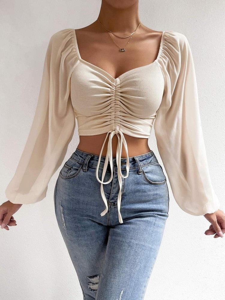 maoxiangshop Fashion Sexy Low-cut Long Sleeve Crop Tops Women Summer Autumn Slim Solid Top Femme And Blouses Chiffon Shirt