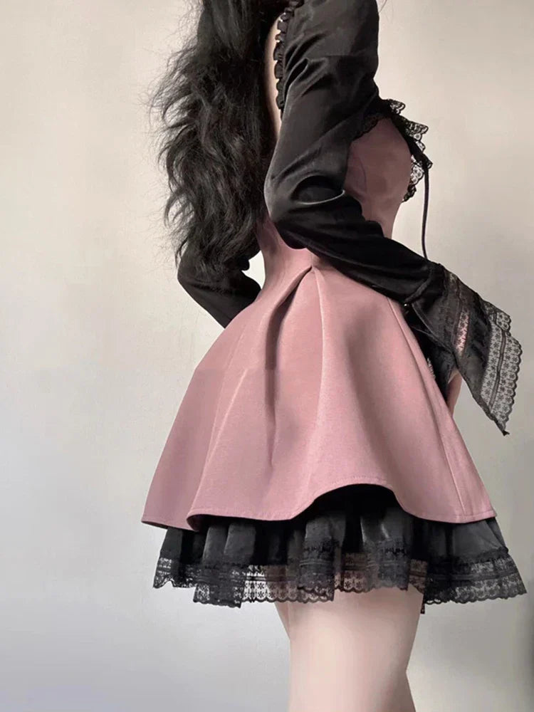 maoxiangshop-Sexy Hot Girl Outfits Lace Panel Long Sleeve Pink Mesh Dress Women Summer New Goth Slim Club Party Dresses Women