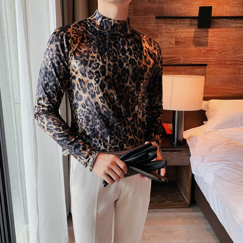 maoxiangshop Flannel T-shirt Winter Men High Collar Pullover Fashion Leopard Slim Fit T-shirt Long Sleeved Velvet Casual Bottoming Shirt