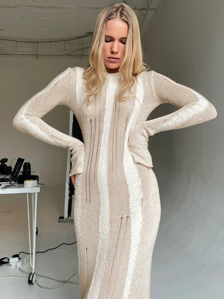 maoxiangshop - Autumn Winter Long Knitted Dress Round Neck Long Sleeve Hole Bodycon Dress Elegant Party Evening Khaki Maxi Dresses for Women