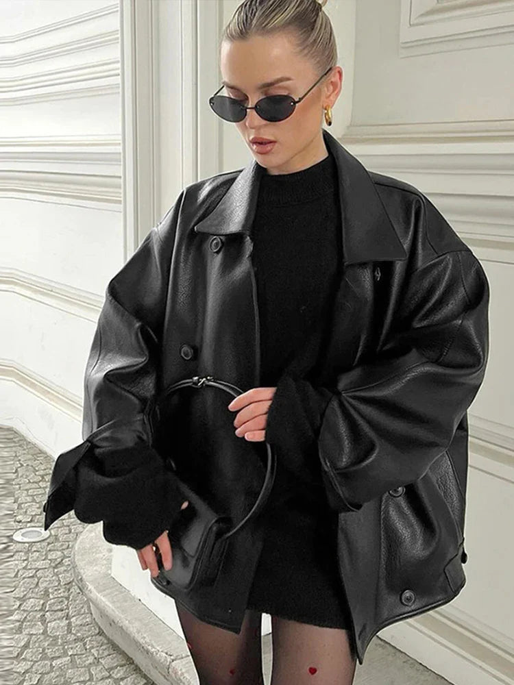 maoxiangshop - Elegant Leather Double Breasted Women Jackets Solid Brown Lapel Long Sleeves Coat Female 2024 Autumn Winter Street Outwears Lady