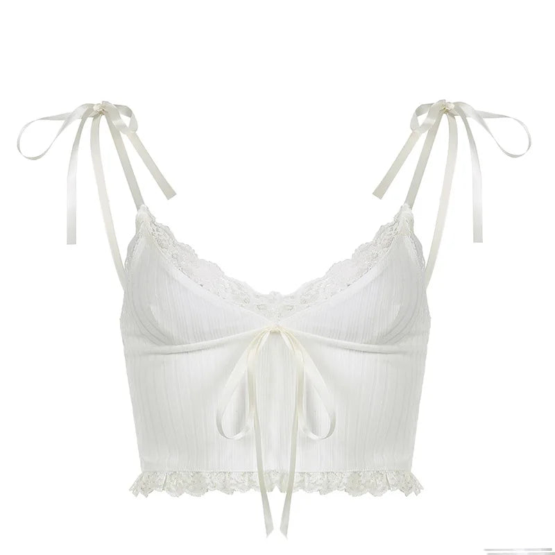 maoxiangshopNew Y2K Lace Trim Crop Top Aesthetic White Bow Cute Sweet Mini Vest Knitted Basic Casual Tee Women Summer Backless Beach