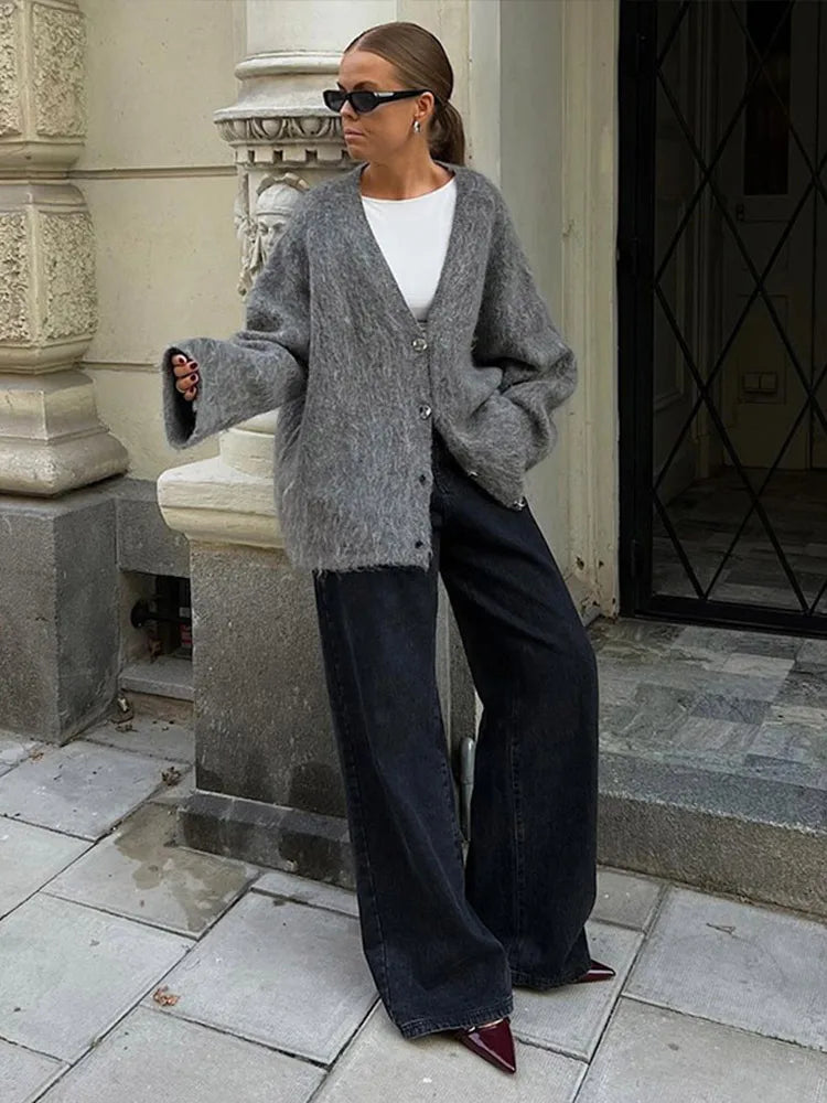 maoxiangshop - Casual Knitted Solid V-neck Cardigan Women Retro Loose Plush Single Breasted Sweaters Female Autumn Winter Elegant Knitwear
