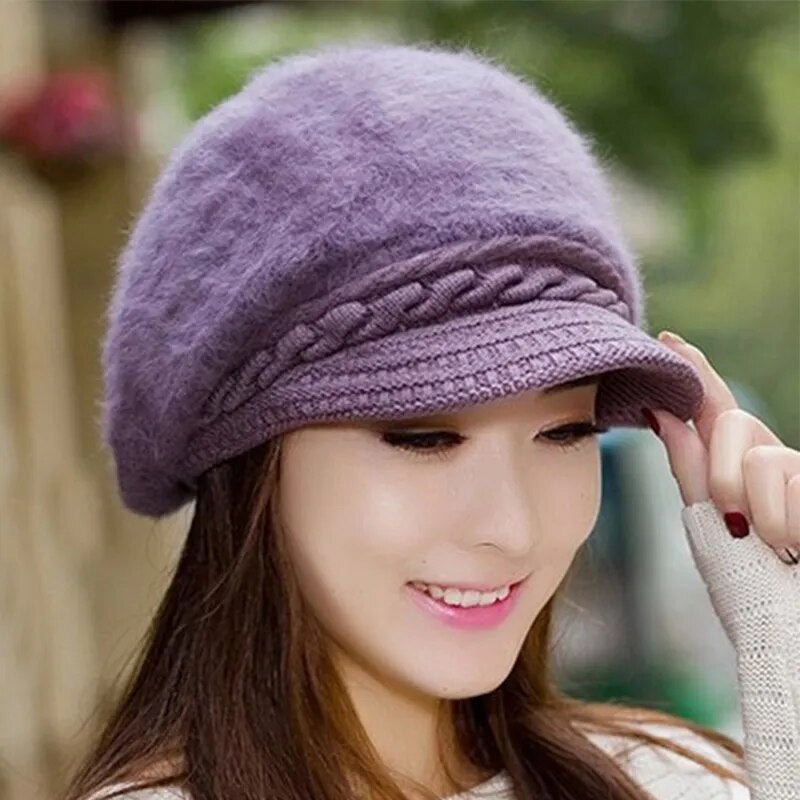 maoxiangshop New Women Beret Hats Fashion Winter Warm Rabbit Fur Knitted Beanie Ladies Female Casual Fleece Berets Cap bonnet hiver femme
