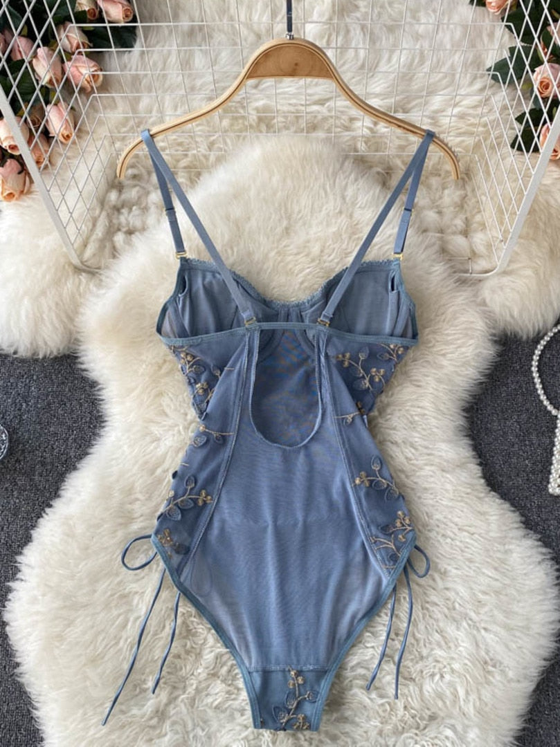 maoxiangshop Sexy See Through Mesh Patchwork Flowers Embroidery Bodysuit Women Adjustable Spaghetti Strap Padded Lace Up Bandage Body Suits