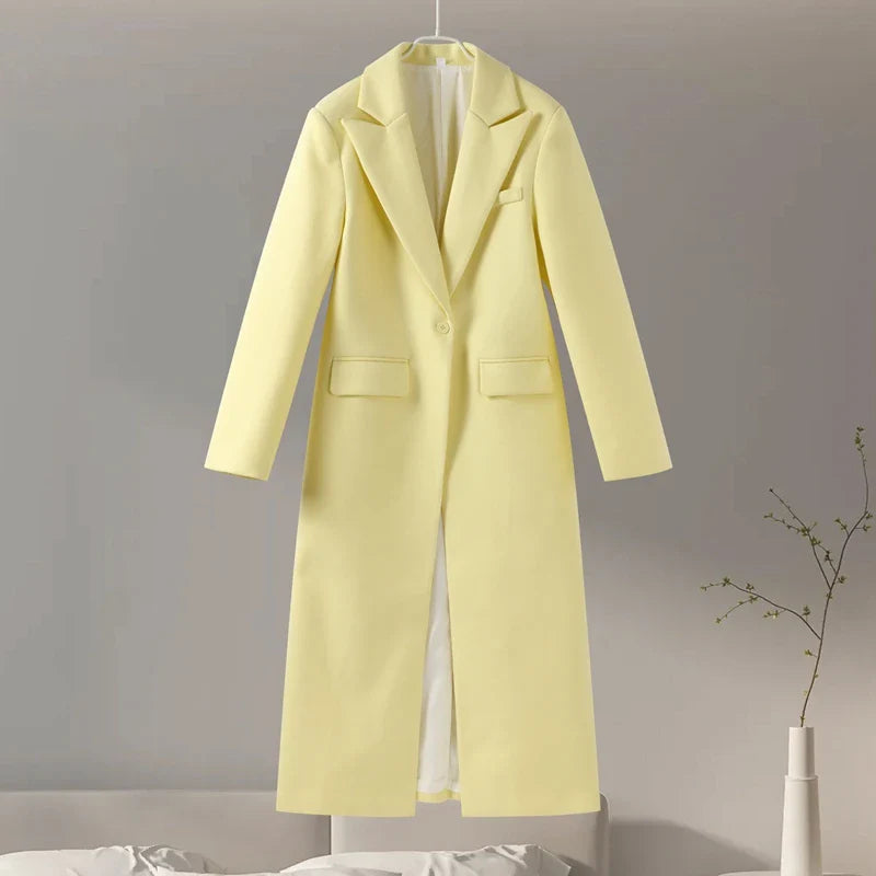 maoxiangshop - Loose Lapel Woolen Long Coats Women Winter Classic Yellow Single Button Pockets Overcoats Female Elegant Casual Street Outwear