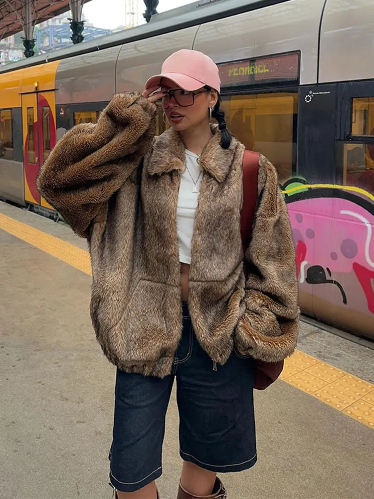 maoxiangshop - Fluffy Faxu Fur Plush Coat For Women Brown Long Sleeve Lapel Oversized Outwear Thick Warm Winter Female Street Jacket