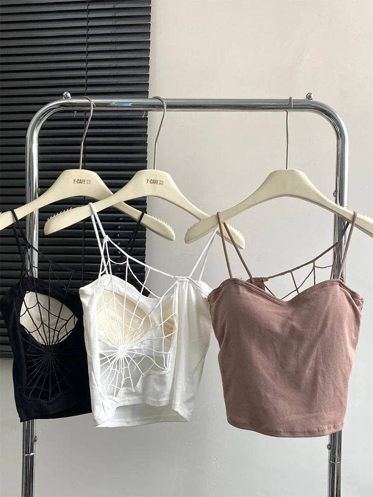 maoxiangshop Women Black Hollow Out Crop Top Vintage Y2k Camisole Corset Top Sleeveless Off Shoulder Vest 90s Tank Tops 2000s Clothes Summer