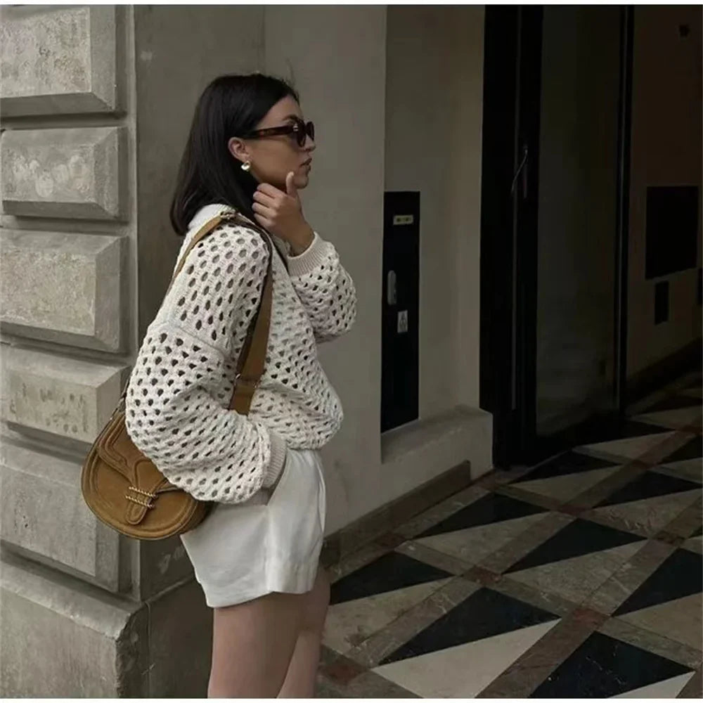 maoxiangshop - Women Knit Hollow Out Pilot Jacket Autumn Casual Long Sleeve Beige Zipper Bomber Jacket Coat Lady Design Streetwear