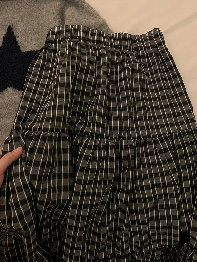maoxiangshop - Autumn/Winter New Retro Casual Two Piece Set Women Outfits Simple Grey Round Neck Knitted Sweater+Plaid Skirt Maxi Skirt Set