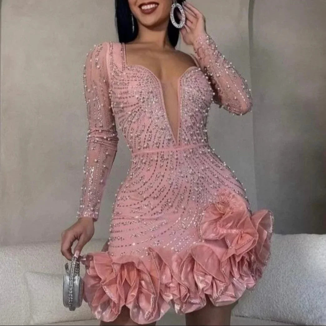maoxiangshop Long Sleeve V Neck Transparent Club Dress Sexy Glittering Diamonds Dress Women Party Birthday Bodycon Mini Dresses Vestidos