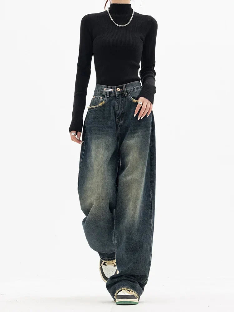 maoxiangshopY2K Women Vintage Streetwear Korean Baggy Blue Jeans High Waist Straight Wide Leg Pants Denim Trousers Fairy Grunge Alt Clothes