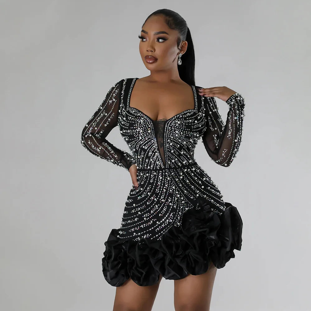 maoxiangshop Long Sleeve V Neck Transparent Club Dress Sexy Glittering Diamonds Dress Women Party Birthday Bodycon Mini Dresses Vestidos