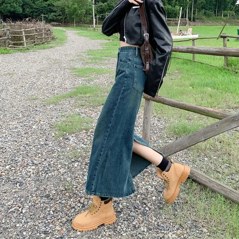 Lucyever Split Denim Skirt for Women 2024 Spring Summer New Y2K High Waist Long Skirt Female Vintage Blue A-Line Jean Skirts