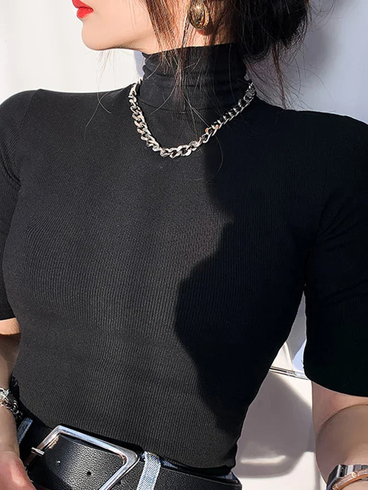 maoxiangshop2 Basic Cotton T Shirt Women Turtleneck Slim Tshirt Short Sleeve T-shirts Female Casual Elasticity White Tee Shirt Femme Woman Top