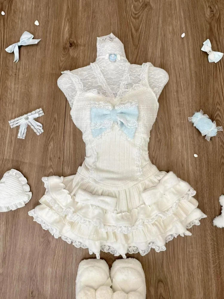 maoxiangshop - 3 Pieces Set Women Slim Sweet Lace Patchwork Knitted Sweater + Slim Halter Grunge Vest+ Y2k Aesthetic Kawaii Cute Pleated Skirts
