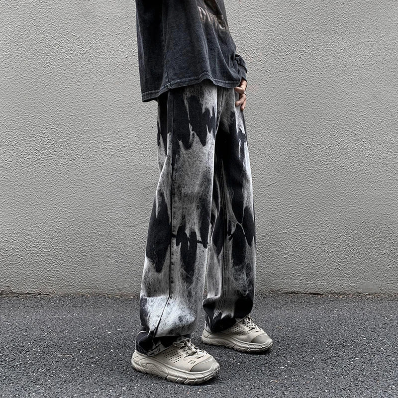 maoxiangshop Tie-dye Jeans Men High Street Straight Denim Pants Men Baggy Fashion Trend Jean Pants Mens Wide-leg Trousers BF Clothing