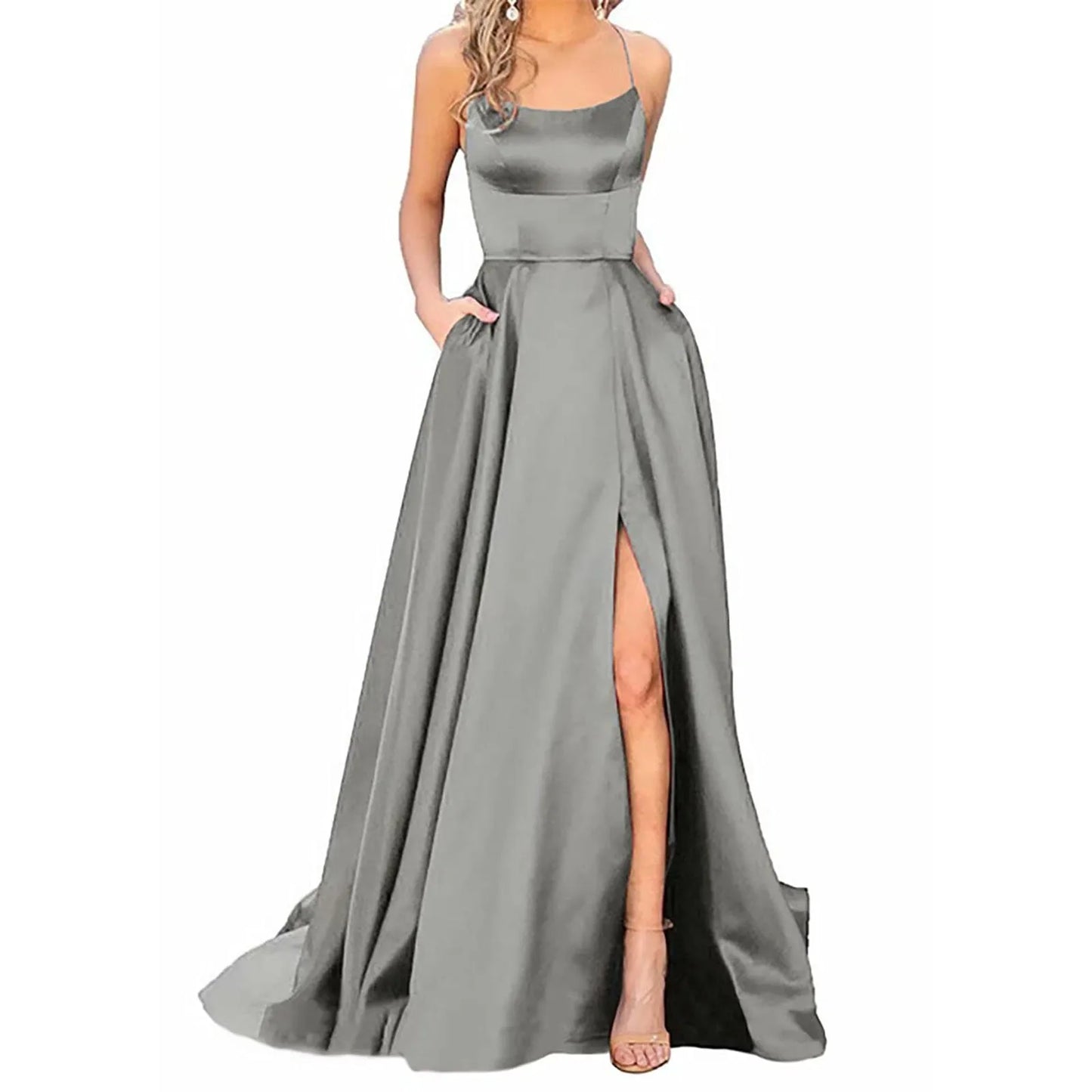 maoxiangshop-Sexy Backless Long Evening Prom Dress Purple Side Slipt Maxi Dress Women A Line Spaghetti Straps Satin Prom Gowns Formal Vestido