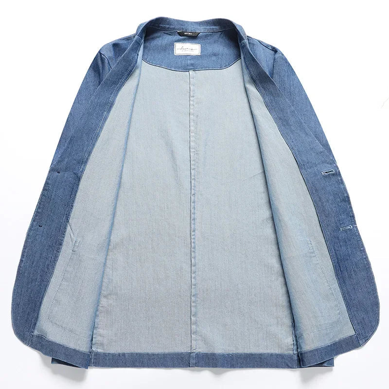 maoxiangshop Spring and Summer Men's Thin Cotton Monochrome Suit Loose Denim Casual Suit Jacket Coat(oversized plus size)