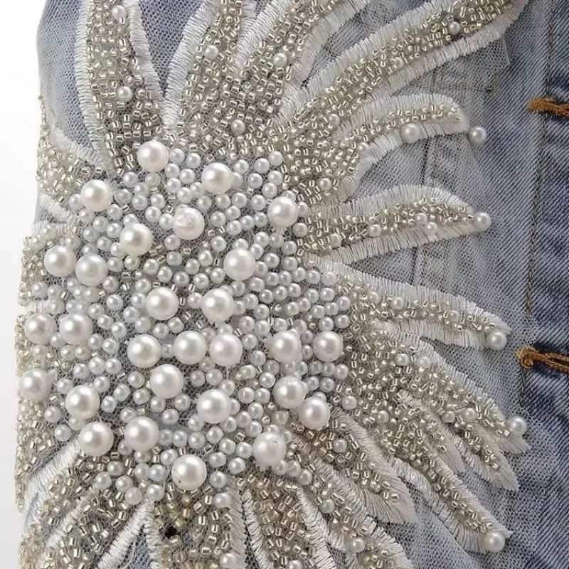 maoxiangshop Fashion Lace Beaded Denim Vest Women Cardigan 2024 New Spring Sleeveless Jacket Fashion Loose Vintage Jeans Waistcoat Tide