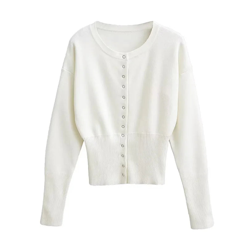maoxiangshop - Casual Knitted Solid O-neck Cardigan Women Slim Fit Single-Breasted Pullover Sweaters Female Autumn Fashion Simple Street Tops
