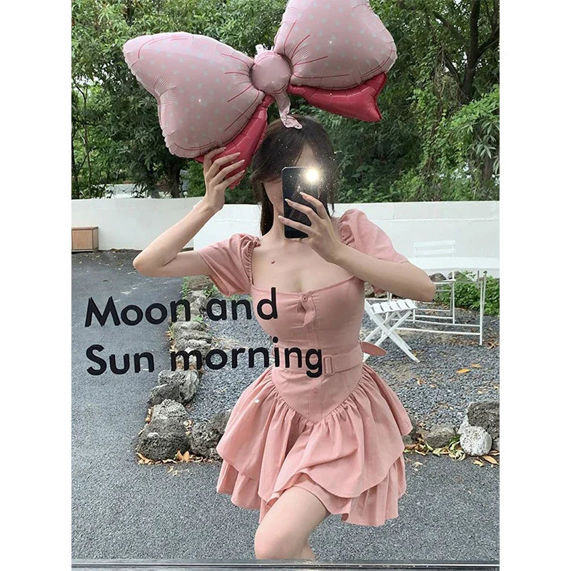 maoxiangshop - Y2K Pink Mini Dress Women Sweet Belt Square Collar One Pieces Dresses Party Prom Korean Cute Puff Sleeve Bodycon A Line Vestidos