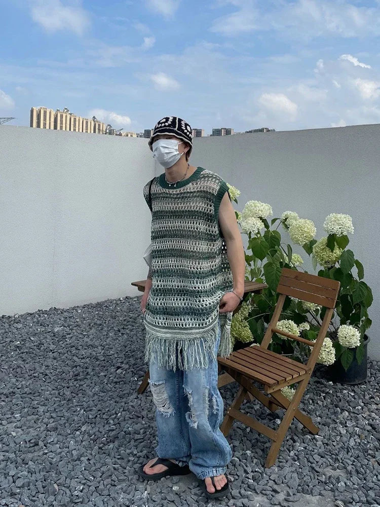 maoxiangshop Striped Mesh Vest for Men Vintage Knit Tank Tops Sleeveless Tee Male Casual Summer Beach Japanese Streetwear Hip Hop