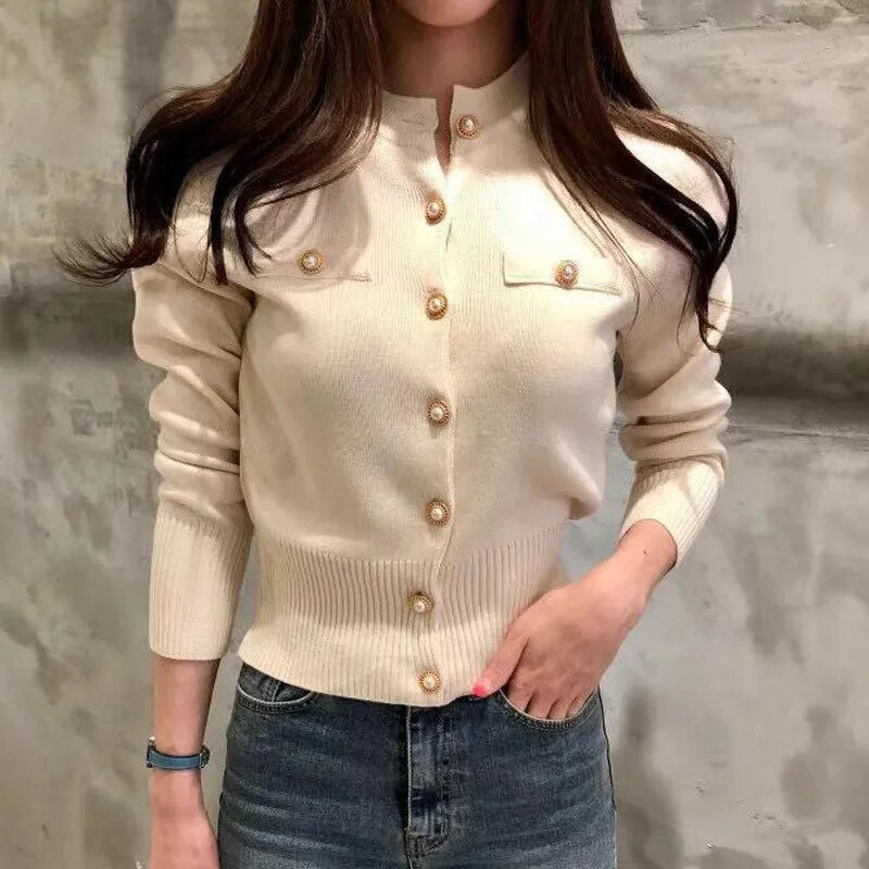 maoxiangshop Fashion Women Cardigan Sweater Spring Knitted Long Sleeve Short Coat Casual Single Breasted Korean Slim Chic Ladies Top