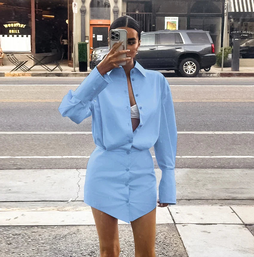 maoxiangshop - Blue Shirts Dress Slim Women Classic Lapel Long Sleeves Pleated Pencil Mini Dress Summer Autumn 2024 Office Ladies