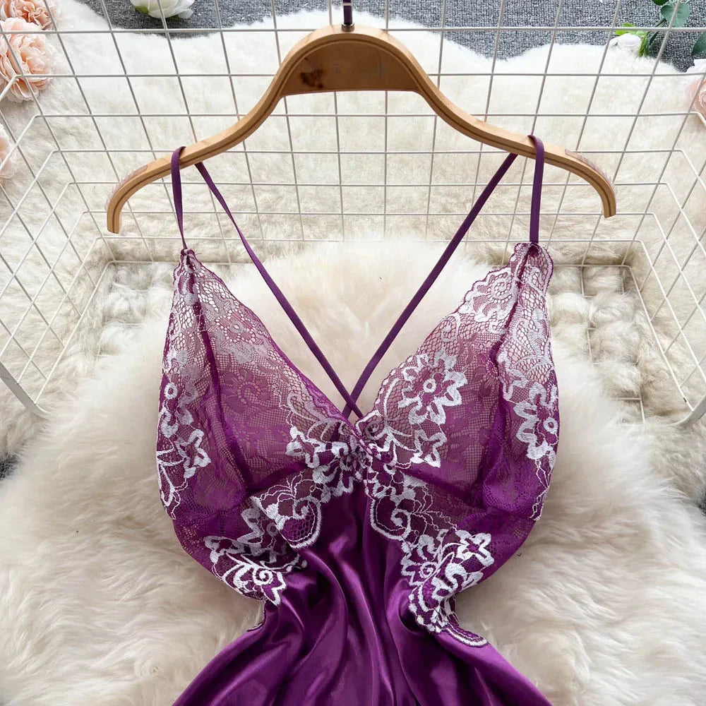 maoxiangshop-Women Night Dress Sleeveless Backless Porno Pajamas Floral Lace Erotic Nightwears+Thongs Satin Sexy Short Transparent Dresses