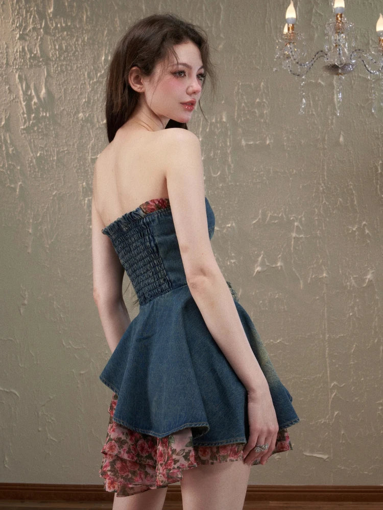 Summer Vintage Denim Dress Women Casual Patchwork Floral Party Mini Dress Female Korean Fashion Designer elegant Slim Dress